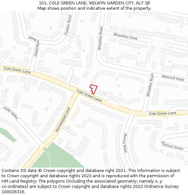101, COLE GREEN LANE, WELWYN GARDEN CITY, AL7 3JF: Location map and indicative extent of plot