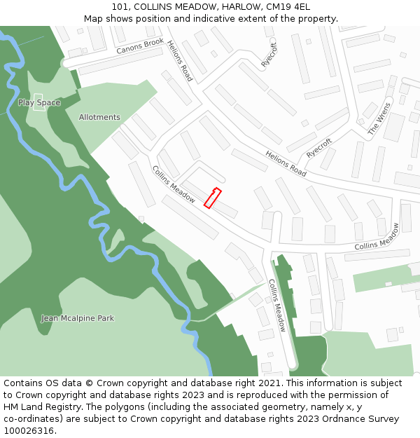 101, COLLINS MEADOW, HARLOW, CM19 4EL: Location map and indicative extent of plot