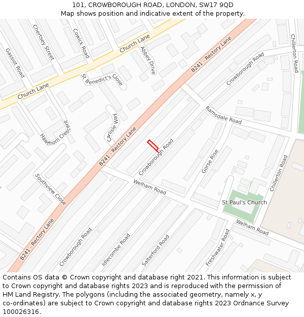 101, CROWBOROUGH ROAD, LONDON, SW17 9QD: Location map and indicative extent of plot