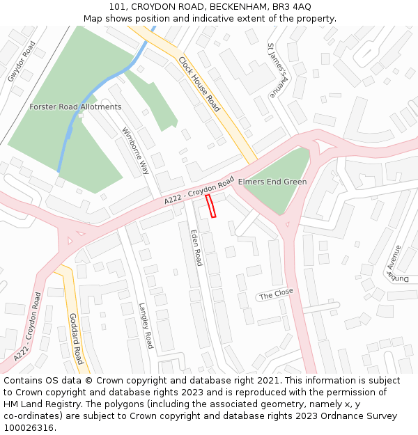 101, CROYDON ROAD, BECKENHAM, BR3 4AQ: Location map and indicative extent of plot