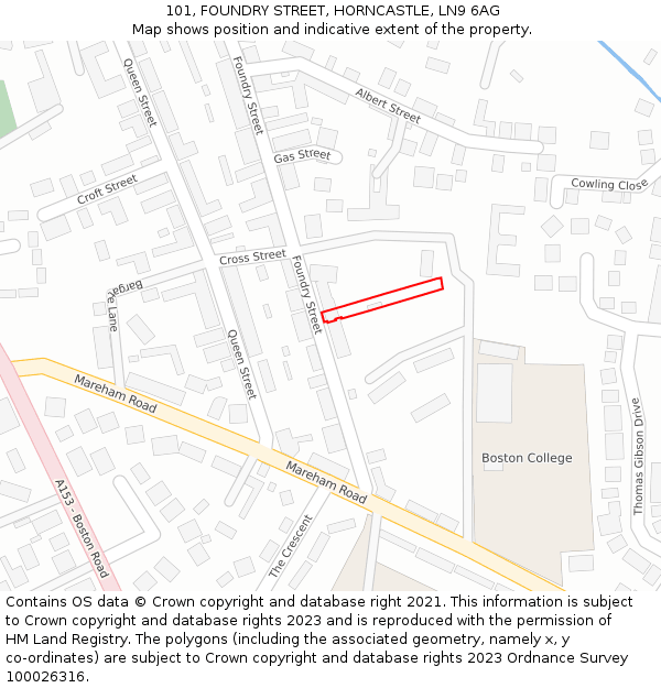 101, FOUNDRY STREET, HORNCASTLE, LN9 6AG: Location map and indicative extent of plot