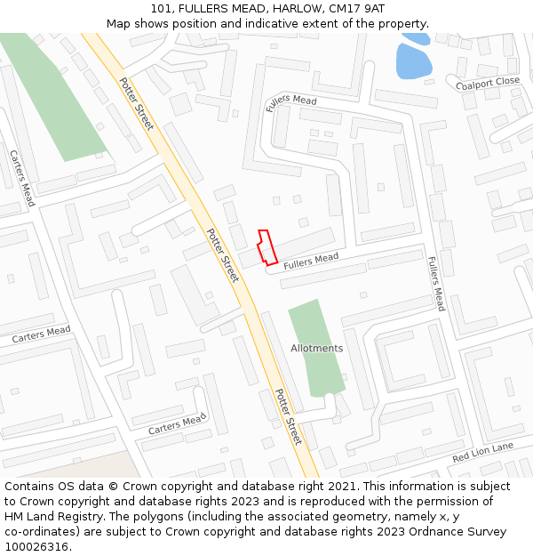 101, FULLERS MEAD, HARLOW, CM17 9AT: Location map and indicative extent of plot