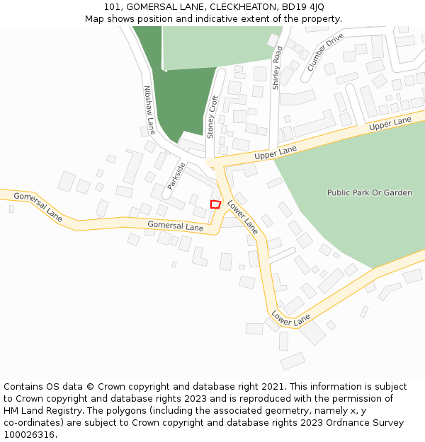 101, GOMERSAL LANE, CLECKHEATON, BD19 4JQ: Location map and indicative extent of plot