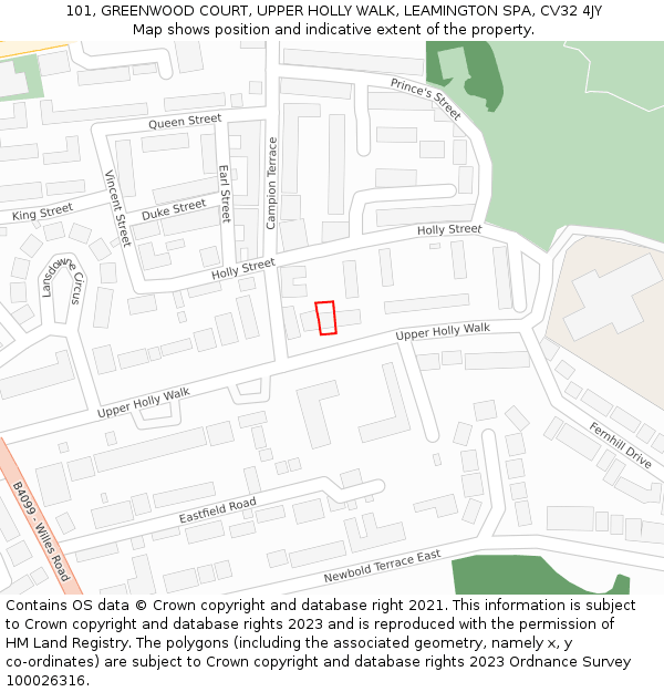 101, GREENWOOD COURT, UPPER HOLLY WALK, LEAMINGTON SPA, CV32 4JY: Location map and indicative extent of plot