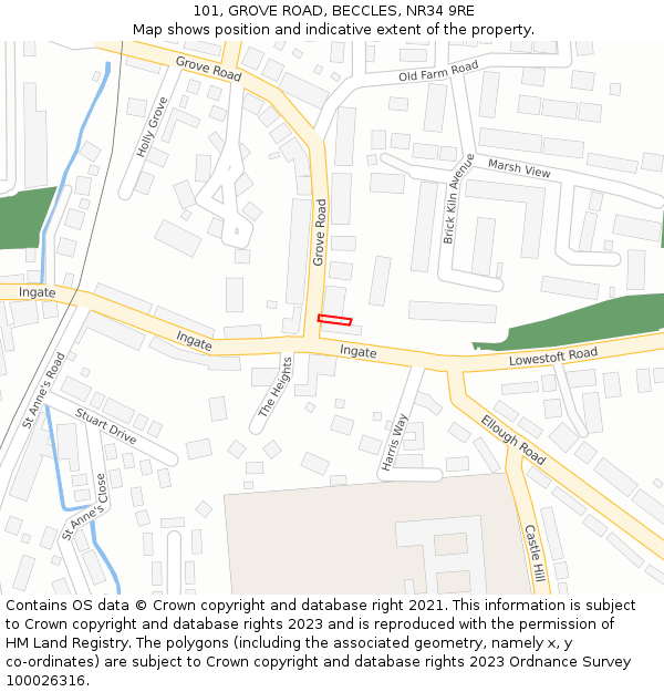 101, GROVE ROAD, BECCLES, NR34 9RE: Location map and indicative extent of plot