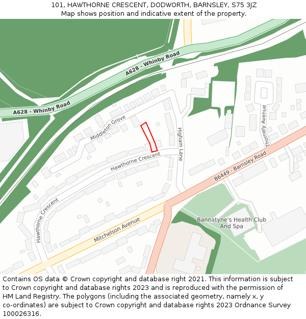 101, HAWTHORNE CRESCENT, DODWORTH, BARNSLEY, S75 3JZ: Location map and indicative extent of plot