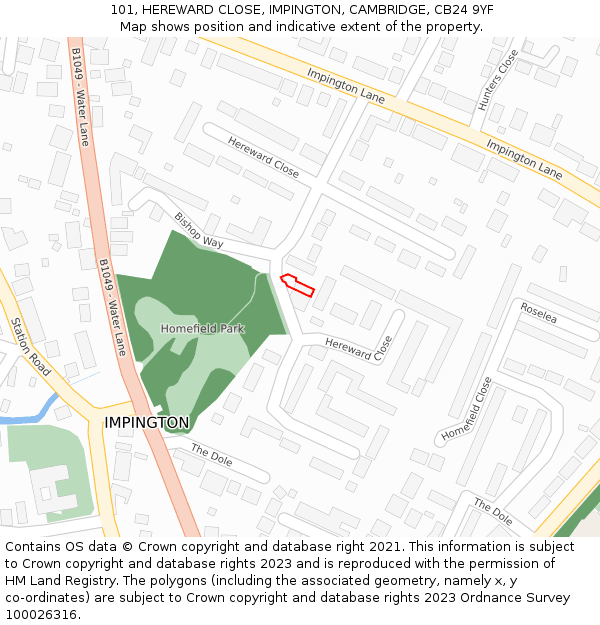 101, HEREWARD CLOSE, IMPINGTON, CAMBRIDGE, CB24 9YF: Location map and indicative extent of plot