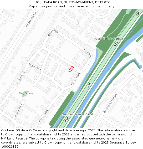 101, HEVEA ROAD, BURTON-ON-TRENT, DE13 0TX: Location map and indicative extent of plot