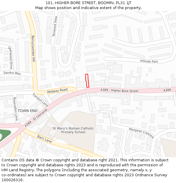 101, HIGHER BORE STREET, BODMIN, PL31 1JT: Location map and indicative extent of plot