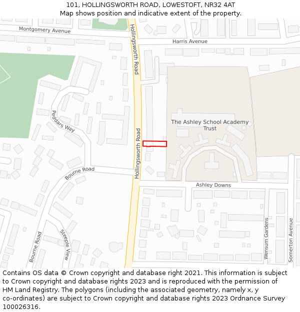 101, HOLLINGSWORTH ROAD, LOWESTOFT, NR32 4AT: Location map and indicative extent of plot