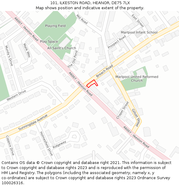 101, ILKESTON ROAD, HEANOR, DE75 7LX: Location map and indicative extent of plot