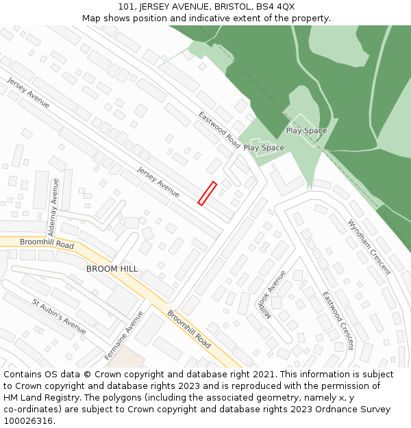 101, JERSEY AVENUE, BRISTOL, BS4 4QX: Location map and indicative extent of plot