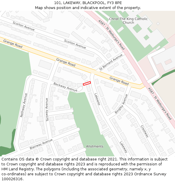 101, LAKEWAY, BLACKPOOL, FY3 8PE: Location map and indicative extent of plot