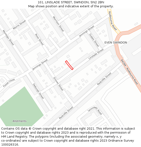 101, LINSLADE STREET, SWINDON, SN2 2BN: Location map and indicative extent of plot