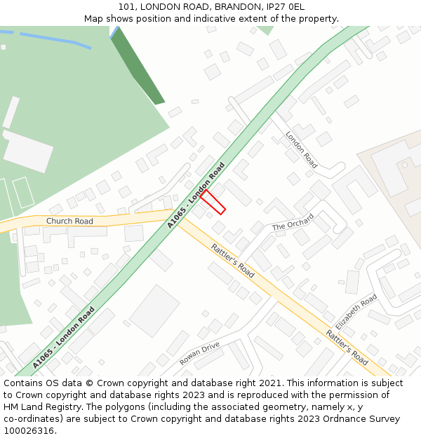 101, LONDON ROAD, BRANDON, IP27 0EL: Location map and indicative extent of plot