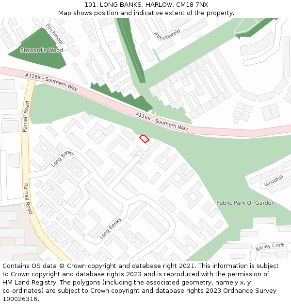 101, LONG BANKS, HARLOW, CM18 7NX: Location map and indicative extent of plot