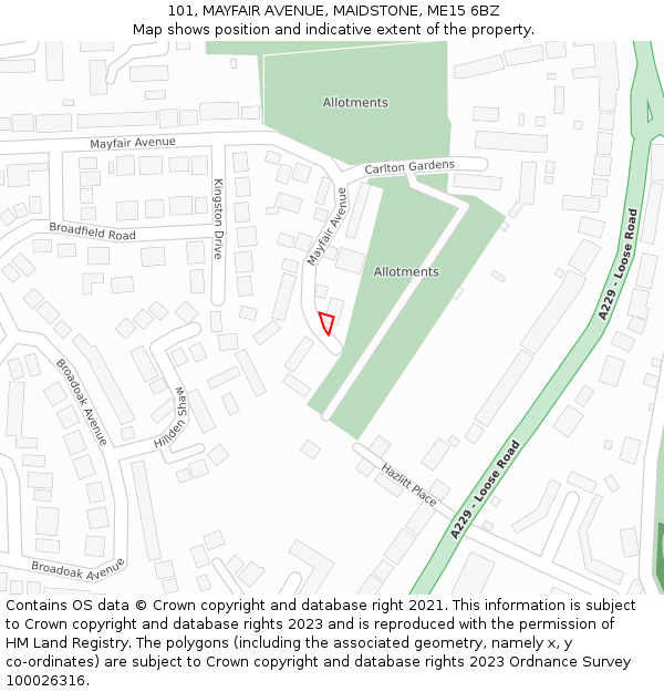 101, MAYFAIR AVENUE, MAIDSTONE, ME15 6BZ: Location map and indicative extent of plot