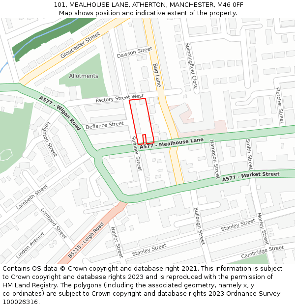 101, MEALHOUSE LANE, ATHERTON, MANCHESTER, M46 0FF: Location map and indicative extent of plot