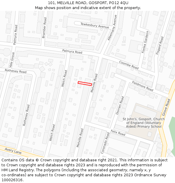 101, MELVILLE ROAD, GOSPORT, PO12 4QU: Location map and indicative extent of plot