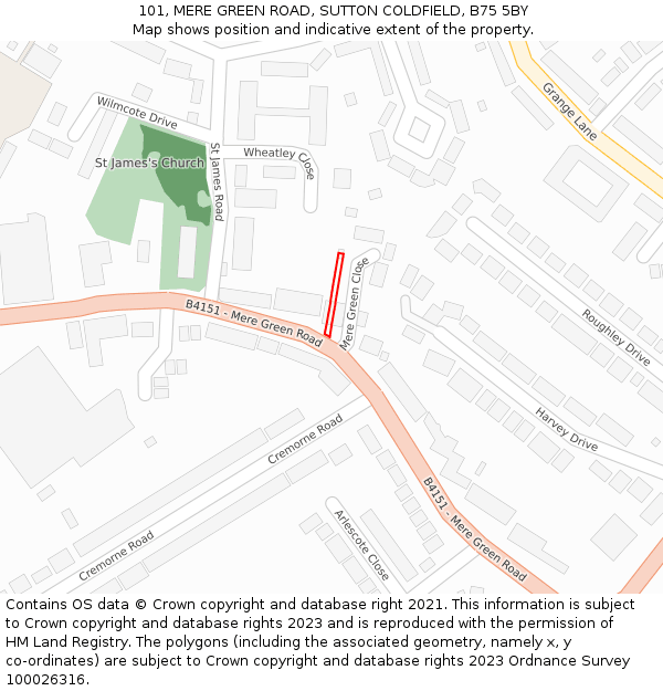 101, MERE GREEN ROAD, SUTTON COLDFIELD, B75 5BY: Location map and indicative extent of plot