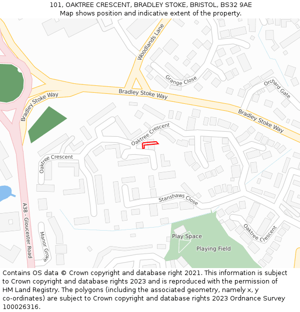 101, OAKTREE CRESCENT, BRADLEY STOKE, BRISTOL, BS32 9AE: Location map and indicative extent of plot