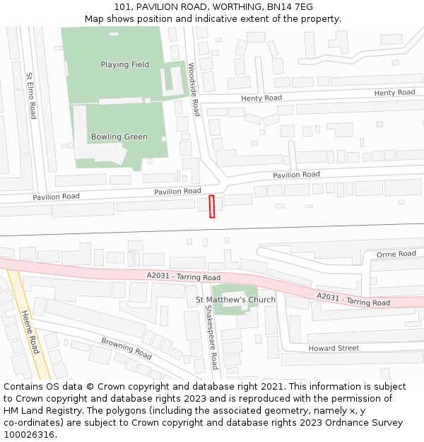 101, PAVILION ROAD, WORTHING, BN14 7EG: Location map and indicative extent of plot
