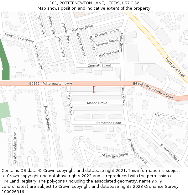 101, POTTERNEWTON LANE, LEEDS, LS7 3LW: Location map and indicative extent of plot