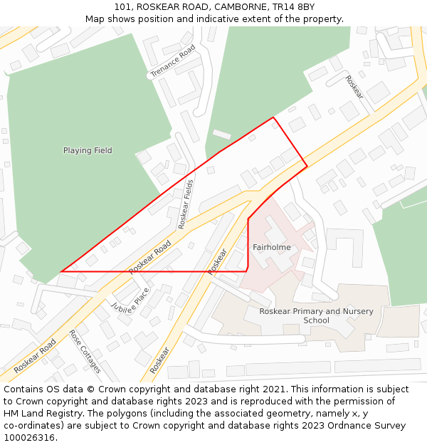 101, ROSKEAR ROAD, CAMBORNE, TR14 8BY: Location map and indicative extent of plot