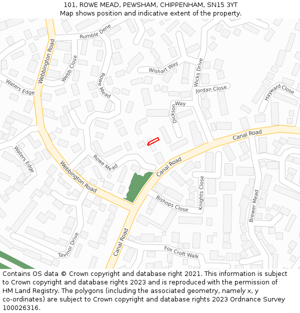 101, ROWE MEAD, PEWSHAM, CHIPPENHAM, SN15 3YT: Location map and indicative extent of plot