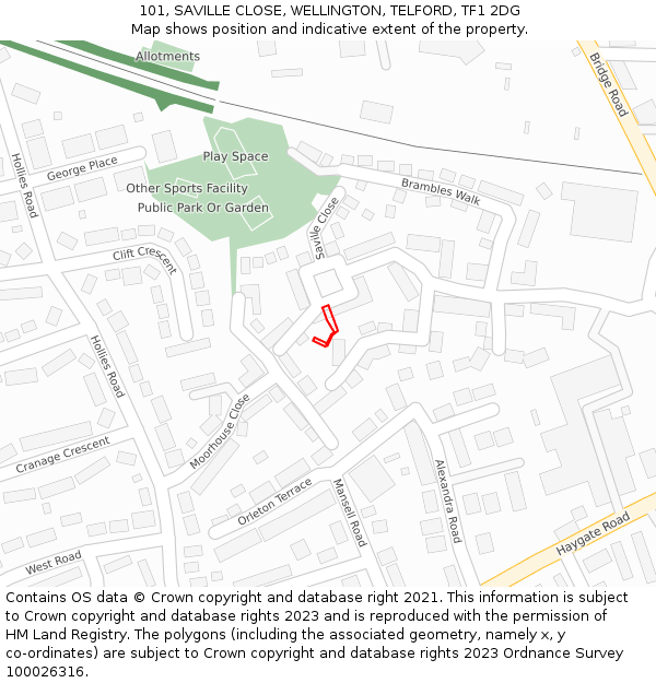 101, SAVILLE CLOSE, WELLINGTON, TELFORD, TF1 2DG: Location map and indicative extent of plot