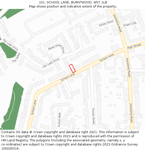 101, SCHOOL LANE, BURNTWOOD, WS7 1LB: Location map and indicative extent of plot