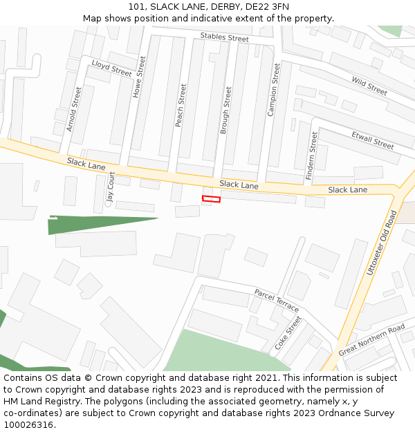 101, SLACK LANE, DERBY, DE22 3FN: Location map and indicative extent of plot