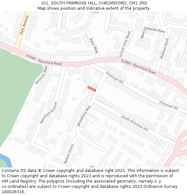101, SOUTH PRIMROSE HILL, CHELMSFORD, CM1 2RG: Location map and indicative extent of plot