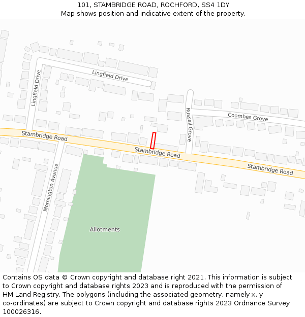 101, STAMBRIDGE ROAD, ROCHFORD, SS4 1DY: Location map and indicative extent of plot