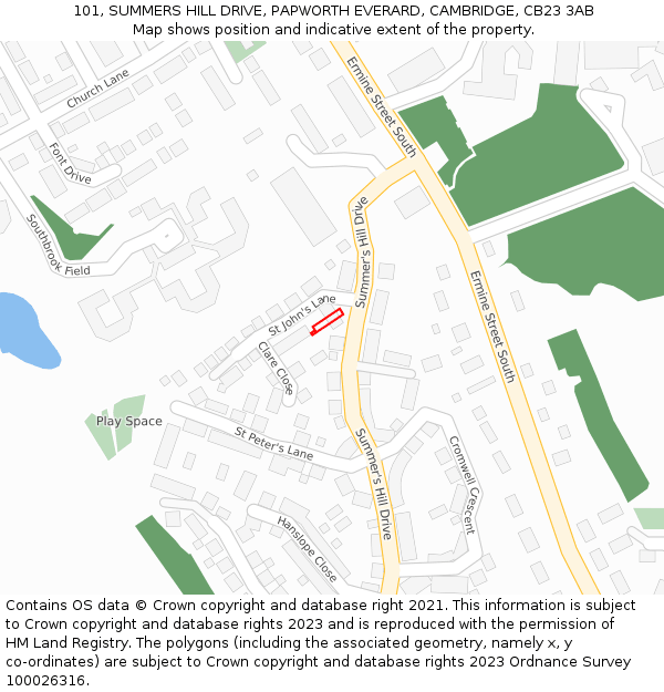 101, SUMMERS HILL DRIVE, PAPWORTH EVERARD, CAMBRIDGE, CB23 3AB: Location map and indicative extent of plot