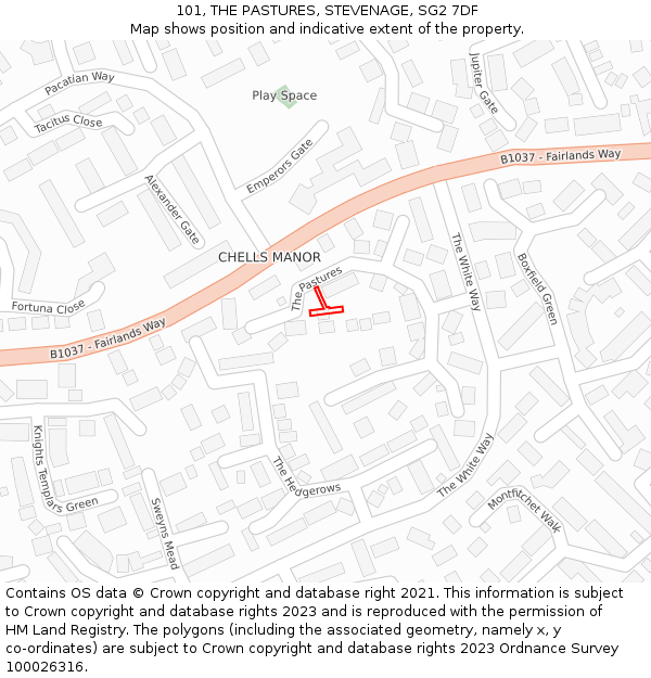 101, THE PASTURES, STEVENAGE, SG2 7DF: Location map and indicative extent of plot