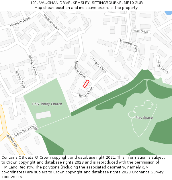 101, VAUGHAN DRIVE, KEMSLEY, SITTINGBOURNE, ME10 2UB: Location map and indicative extent of plot