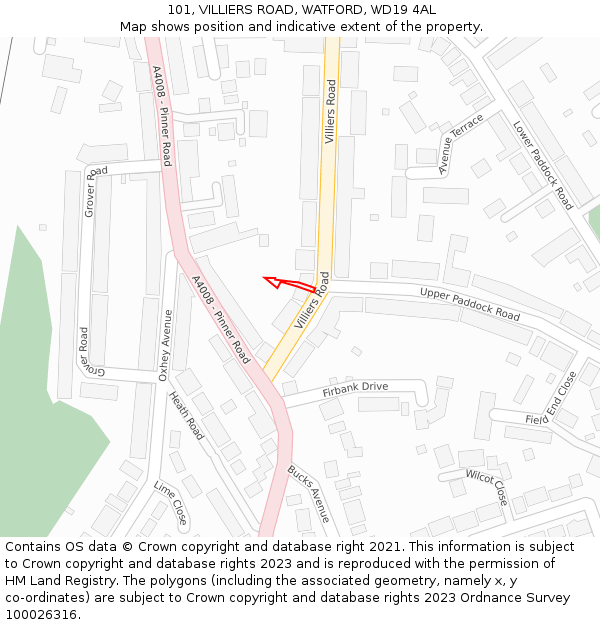 101, VILLIERS ROAD, WATFORD, WD19 4AL: Location map and indicative extent of plot