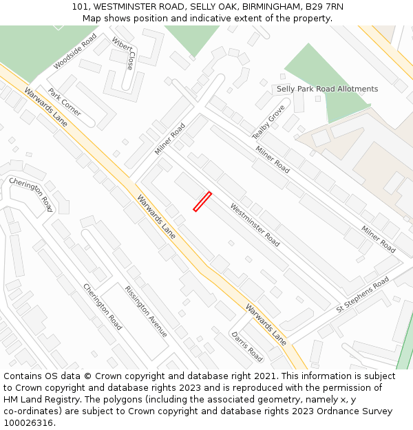 101, WESTMINSTER ROAD, SELLY OAK, BIRMINGHAM, B29 7RN: Location map and indicative extent of plot