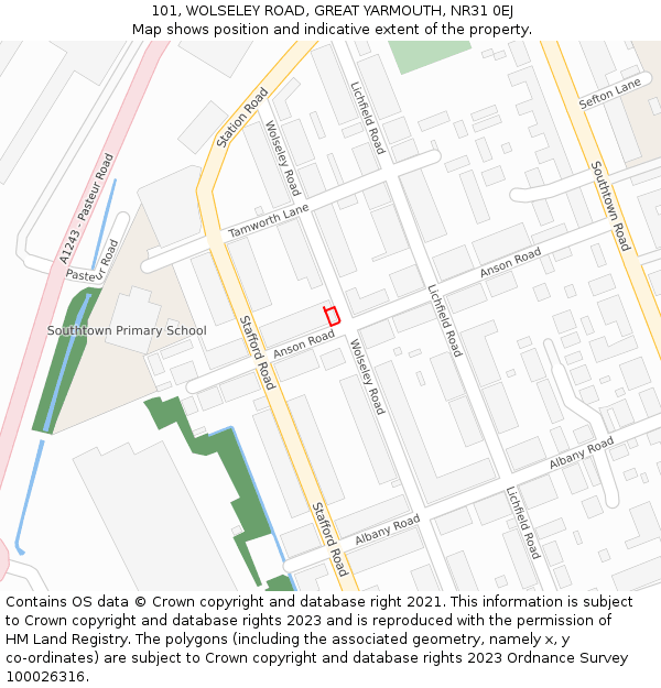 101, WOLSELEY ROAD, GREAT YARMOUTH, NR31 0EJ: Location map and indicative extent of plot