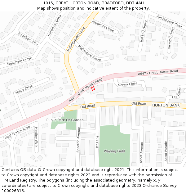 1015, GREAT HORTON ROAD, BRADFORD, BD7 4AH: Location map and indicative extent of plot