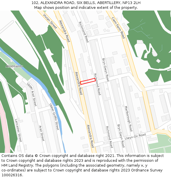 102, ALEXANDRA ROAD, SIX BELLS, ABERTILLERY, NP13 2LH: Location map and indicative extent of plot