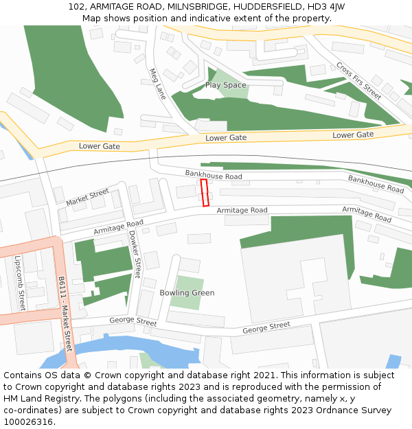 102, ARMITAGE ROAD, MILNSBRIDGE, HUDDERSFIELD, HD3 4JW: Location map and indicative extent of plot