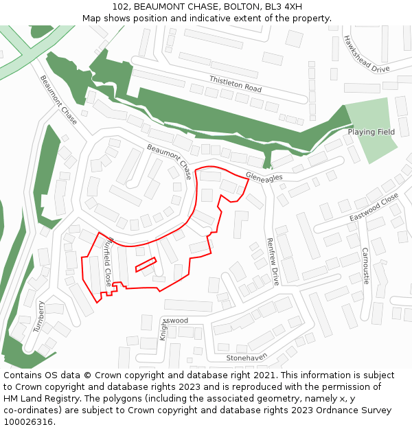 102, BEAUMONT CHASE, BOLTON, BL3 4XH: Location map and indicative extent of plot
