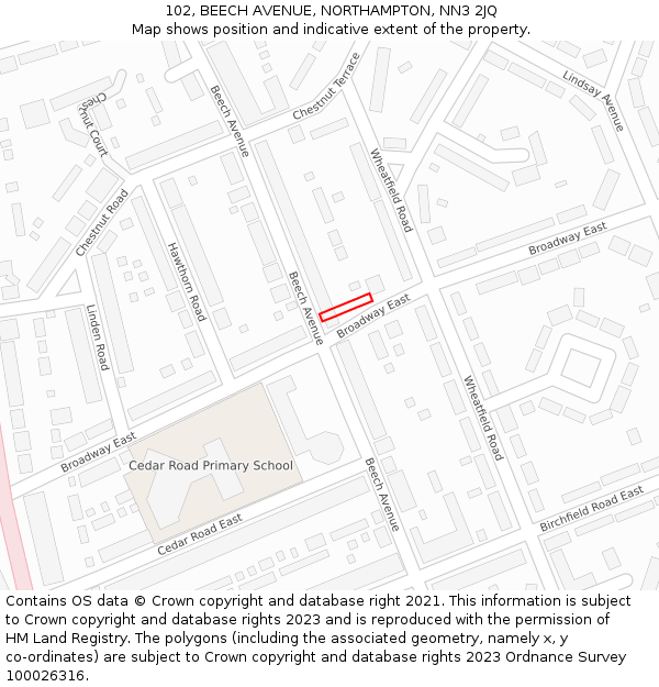 102, BEECH AVENUE, NORTHAMPTON, NN3 2JQ: Location map and indicative extent of plot