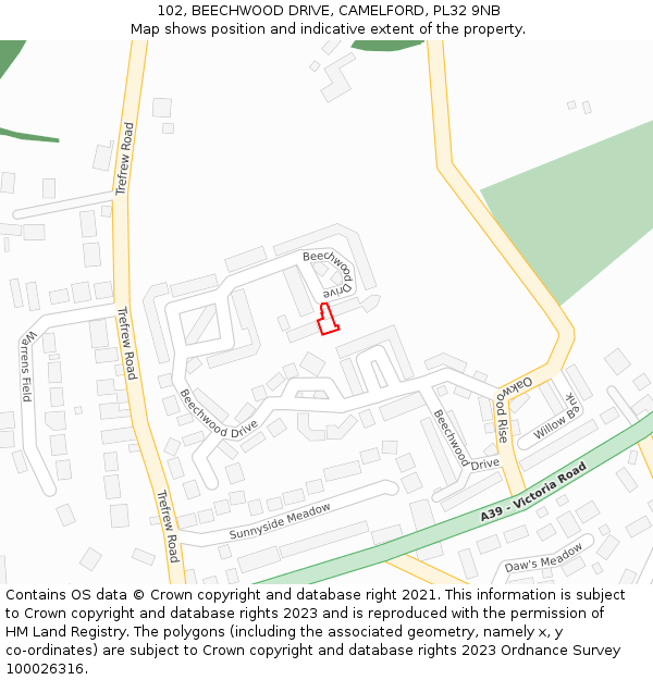 102, BEECHWOOD DRIVE, CAMELFORD, PL32 9NB: Location map and indicative extent of plot