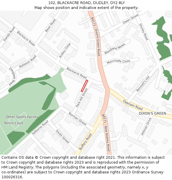 102, BLACKACRE ROAD, DUDLEY, DY2 8LY: Location map and indicative extent of plot