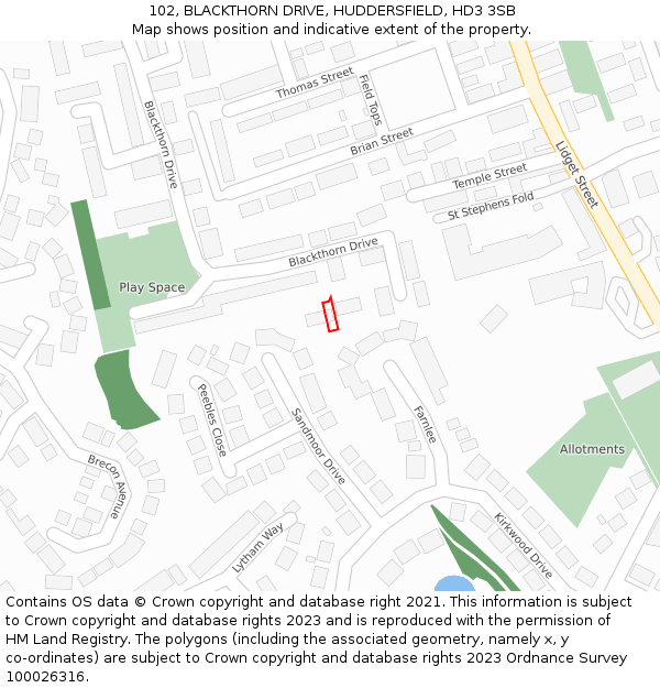 102, BLACKTHORN DRIVE, HUDDERSFIELD, HD3 3SB: Location map and indicative extent of plot