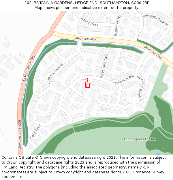 102, BRITANNIA GARDENS, HEDGE END, SOUTHAMPTON, SO30 2RP: Location map and indicative extent of plot