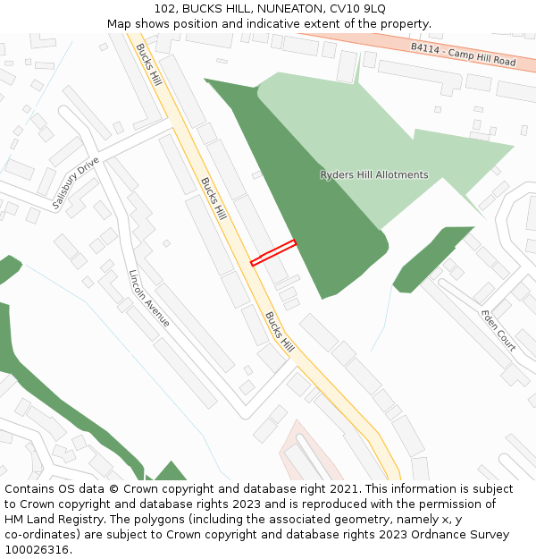 102, BUCKS HILL, NUNEATON, CV10 9LQ: Location map and indicative extent of plot